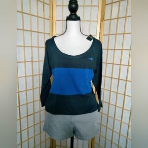 Hollister Large Navy-Royal Blue Striped Crew Tee